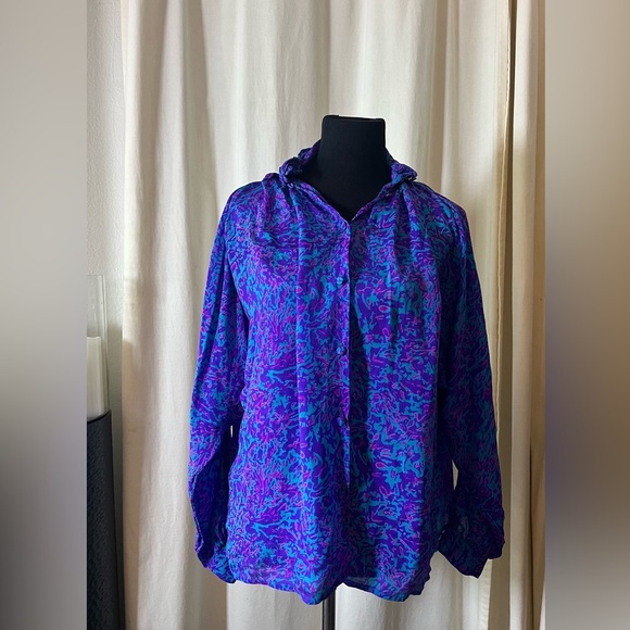 Vintage Zashi Printed Silk Long Sleeve Blouse Sz M - Picture 1 of 5